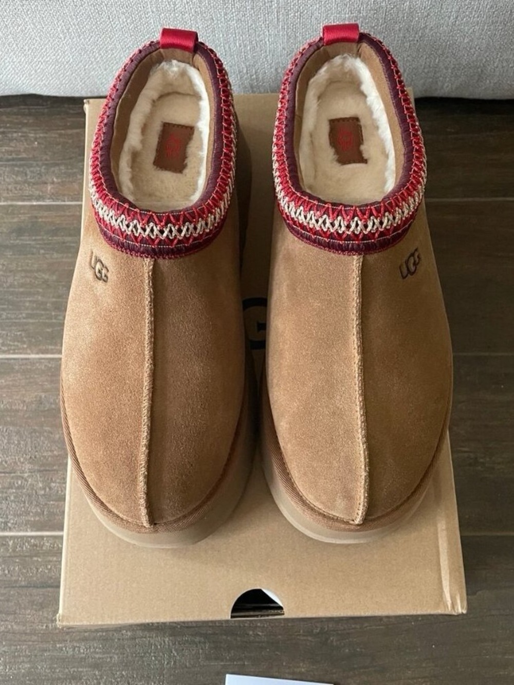 UGG Chestnut Suede Ankle Booties with Red Trim